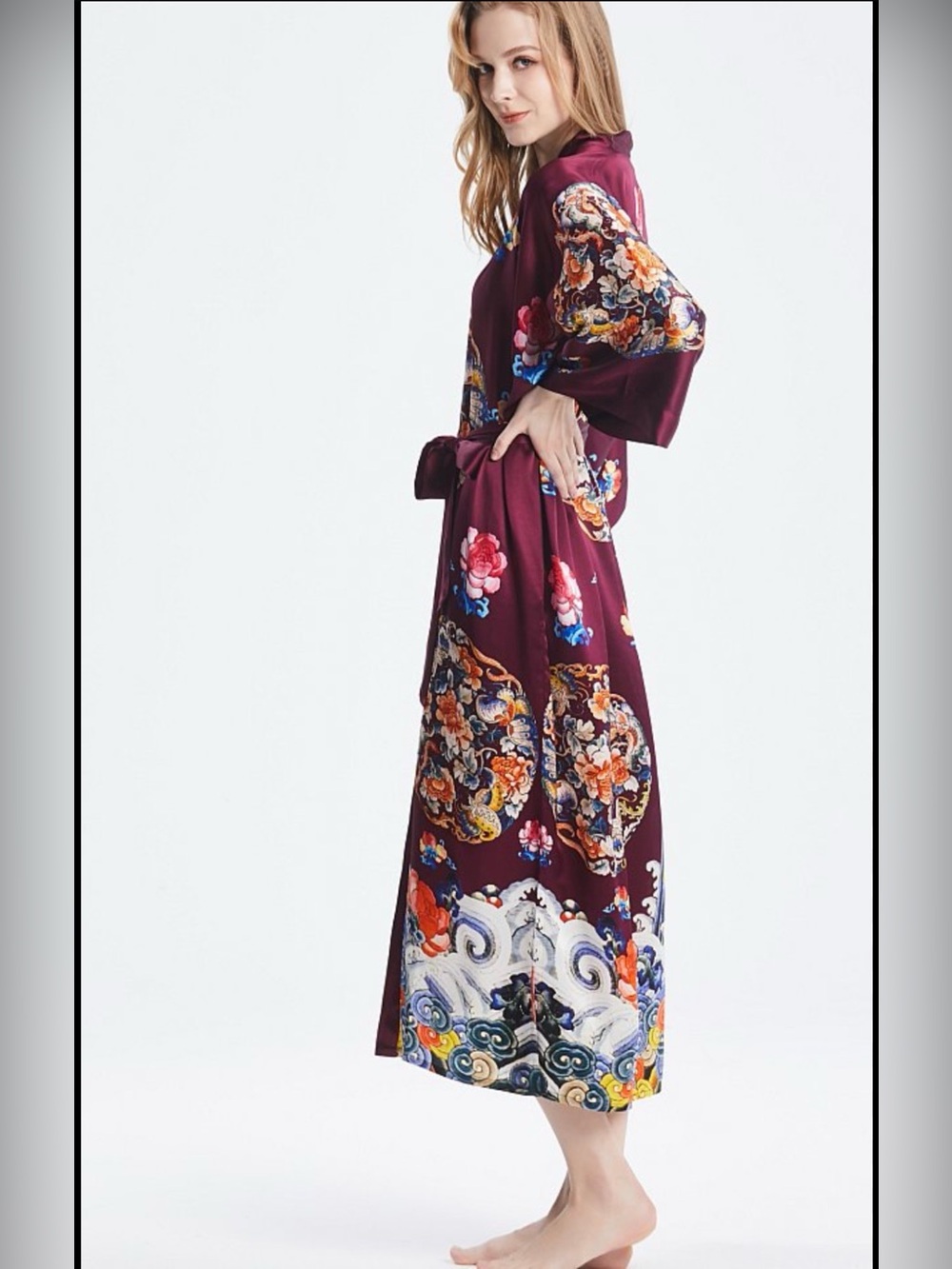 Ledamon purple kimono robe features a vibrant, multi-colored floral landscape